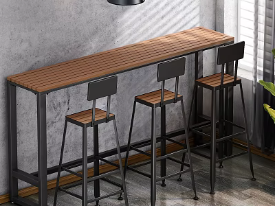 Indoor Modern Bar Table With Wooden Top Black Metal Frame And Three High Stools 3d model