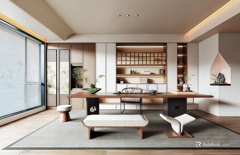 Modern Japanese Tea Room Interior Design With Wooden Table Shelves And Green Plants 3d model 