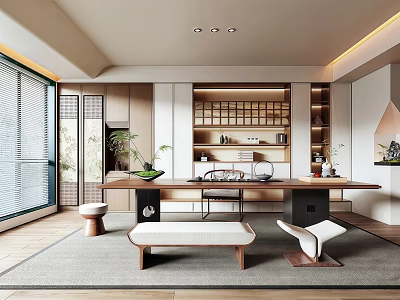 Modern Japanese Tea Room Interior Design With Wooden Table Shelves And Green Plants 3d model
