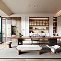 Modern Japanese Tea Room Interior Design With Wooden Table Shelves And Green Plants