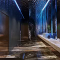 Elegant Modern Public Restroom With Marble Walls Mirrored Ceiling Blue Lighting Washbasins And Green Plants
