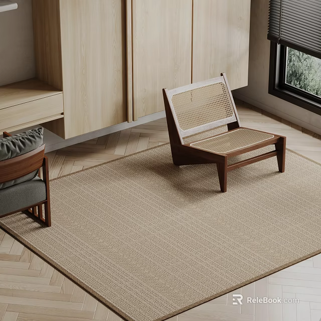 Beige Woven Square Rug In Modern Living Room With Wooden Chair And Minimalist Decor 3d model 