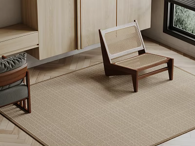 Beige Woven Square Rug In Modern Living Room With Wooden Chair And Minimalist Decor 3d model