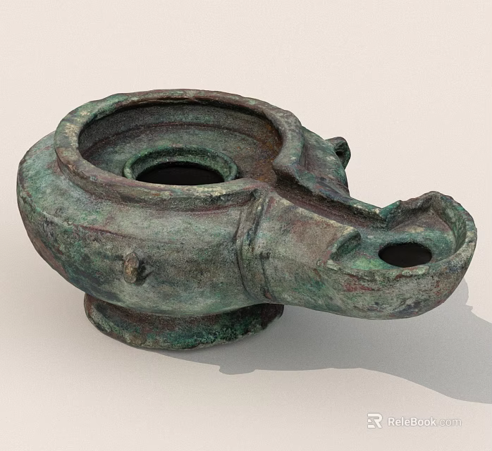 Ancient Bronze Artifact With Round Opening Curved Spout And Green Patina 3d model 