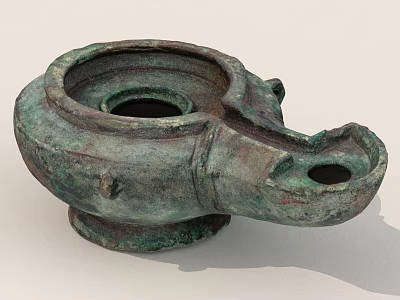 Ancient Bronze Artifact With Round Opening Curved Spout And Green Patina 3d model