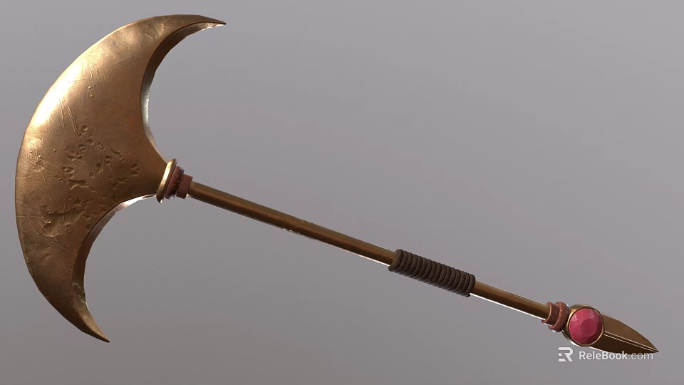 Ancient Bronze Axe With Curved Blade Long Handle Black Wrapped Section And Red Gemstone 3d model 