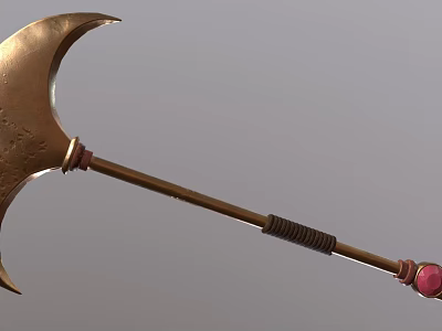 Ancient Bronze Axe With Curved Blade Long Handle Black Wrapped Section And Red Gemstone 3d model
