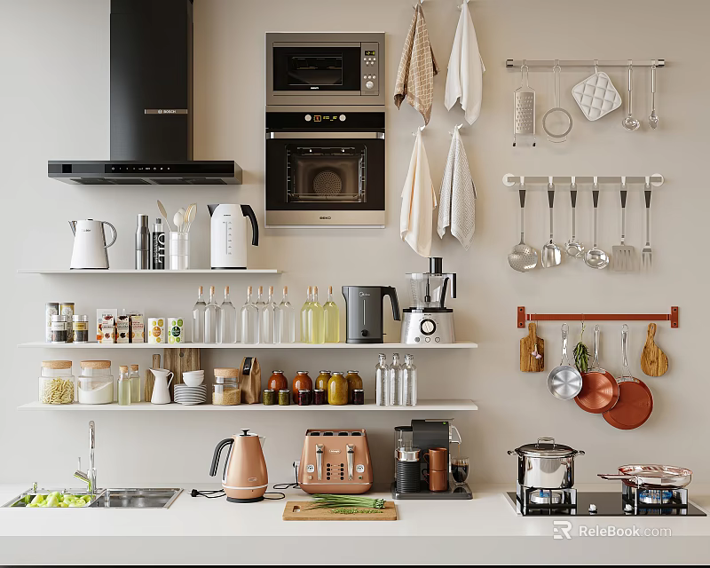 Organized Kitchen Utensils with Hanging Tools Shelves Jars Mugs Blender and Microwave 3d model 