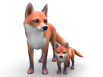 Cute Cartoon Mother Fox And Cub Standing Together On White Background 3d model