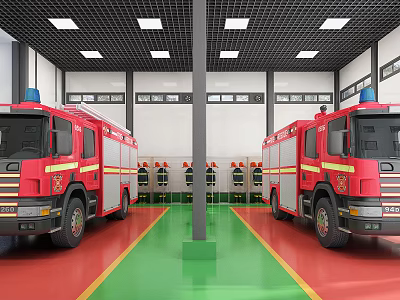 Indoor Parking Garage With Two Red Fire Trucks Red Green Floor And Lockers 3d model