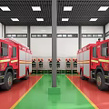 Indoor Parking Garage With Two Red Fire Trucks Red Green Floor And Lockers