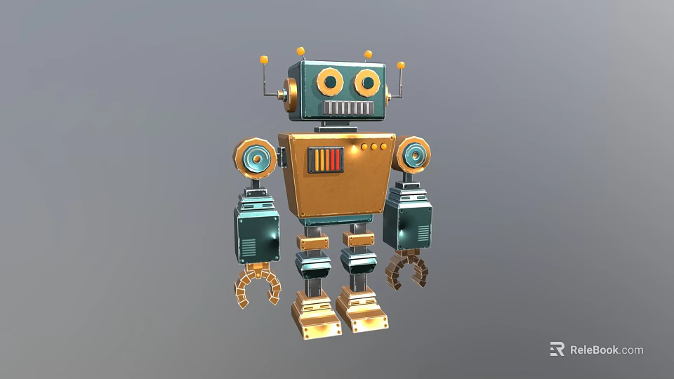 Blue Gold Vintage Robot Character With Large Eyes Antennas Mechanical Arms And Tracked Feet 3d model 