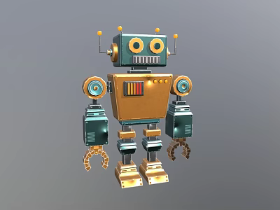 Blue Gold Vintage Robot Character With Large Eyes Antennas Mechanical Arms And Tracked Feet 3d model