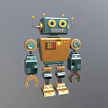 Blue Gold Vintage Robot Character With Large Eyes Antennas Mechanical Arms And Tracked Feet