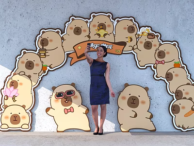 Cute Cartoon Bear Arch Photo Spot With Woman Taking Selfie And Flower Carrot Decorations 3d model