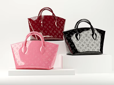 Stylish Patent Leather Handbags With Signature Monogram In Pink Red Black On White Stands 3d model