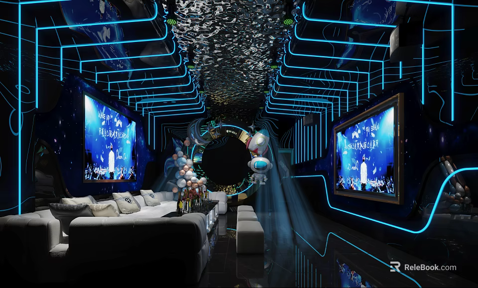 Modern KTV Interior with Neon Lights Starry Theme Large Screens and Comfortable Sofas 3d model