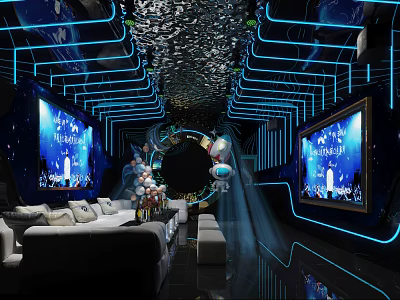 Modern KTV Interior with Neon Lights Starry Theme Large Screens and Comfortable Sofas 3d model