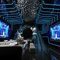 Modern KTV Interior with Neon Lights Starry Theme Large Screens and Comfortable Sofas 3d model