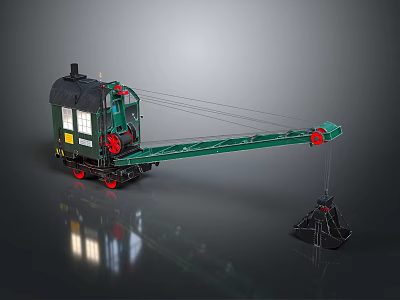 Green Crane Utility Vehicle With Long Boom Claw Device Red Wheels And Black Cab 3d model