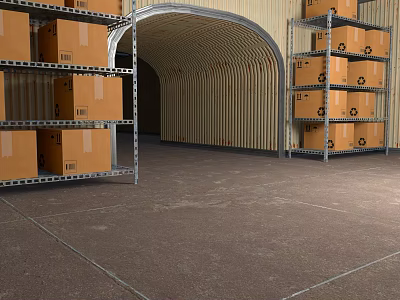 Large Warehouse Storage Area With Metal Shelves Filled With Cardboard Boxes 3d model