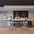 Modern Office Interior With Long Desk Ergonomic Chairs White Pendant Light Shelves And Wooden Floor