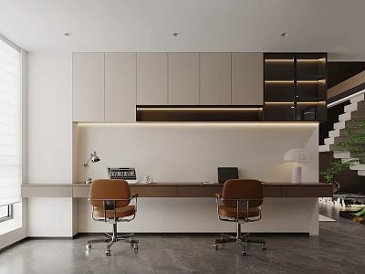 Modern Home Office Interior With White Cabinets Long Desk And Brown Chairs 3d model