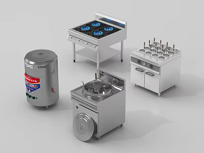 Stainless Steel Kitchen Appliances Featuring Gas Stove Steamer Insulated Bucket And Condiment Rack 3d model