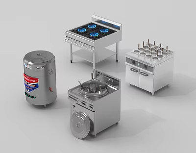 Stainless Steel Kitchen Appliances Featuring Gas Stove Steamer Insulated Bucket And Condiment Rack 3d model