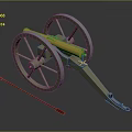 Vintage Brass Cannon With Large Wooden Wheels And Red Ramrod