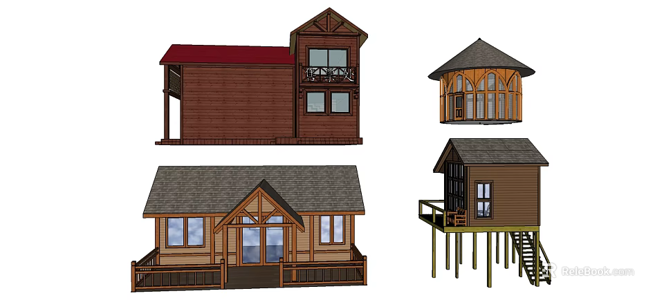 Wooden House Designs With Red Gray Roofs Balcony Stilted Structure And Round Windows 3d model 