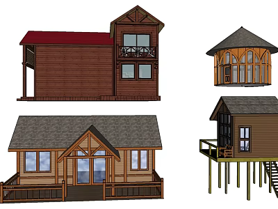 Wooden House Designs With Red Gray Roofs Balcony Stilted Structure And Round Windows 3d model