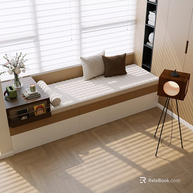 Cozy Bay Window Interior With Cushion Pillows Sunlight Through Blinds And Side Table 3d model