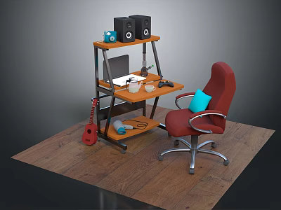Wooden Desk Setup With Red Office Chair Laptop Speakers And Guitar 3d model