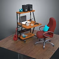 Wooden Desk Setup With Red Office Chair Laptop Speakers And Guitar