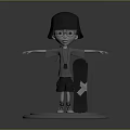 3D Cartoon Woman Wearing Black Helmet Glasses Gray Top Shorts With Skateboard On Round Base