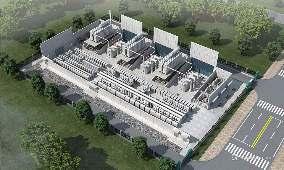 Large Scale Industrial Plant With Machinery Storage Tanks Piping And Surrounding Greenery 3d model 