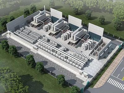 Large Scale Industrial Plant With Machinery Storage Tanks Piping And Surrounding Greenery 3d model