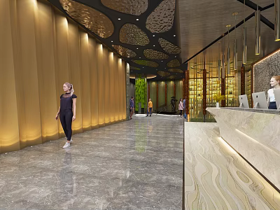 Luxury Hotel Corridor Interior With Golden Paneled Walls And Marble Flooring And Decorative Ceiling 3d model