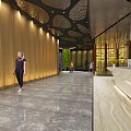 Luxury Hotel Corridor Interior With Golden Paneled Walls And Marble Flooring And Decorative Ceiling
