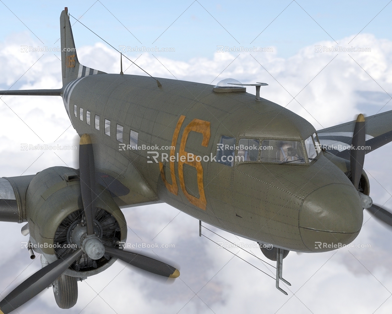 U.S. Air Force Transport Aircraft C47 Air Train with Interior Cockpit Cabin Wings Can Swing Alone 3d model