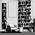 Modern Interior Design With Armchair Wooden Bookshelf Green Plants And Floor Lamp