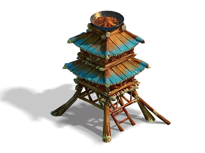 Cartoon Style Multi Tiered Tower With Blue Roofs Wooden Structure And Top Red Bowl 3d model
