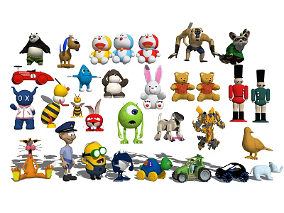 Variety Of Stuffed Dolls Including Animals Characters And Playful Toys 3d model