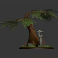 Cartoon Scenic Design With Large Tree Green Leaves Stone Lantern And Green Grass Stones