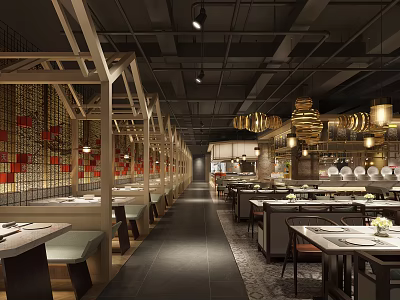 Elegant Restaurant Interior With Wooden Structures Lantern Pendant Lights And Arranged Dining Tables 3d model