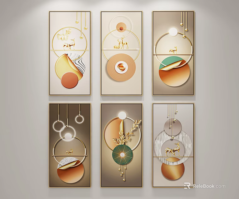 Modern Abstract Decorative Paintings With Geometric Shapes Golden Lines And Circular Patterns 3d model 