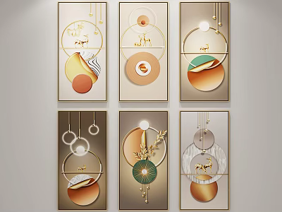 Modern Abstract Decorative Paintings With Geometric Shapes Golden Lines And Circular Patterns 3d model
