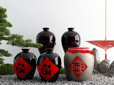 Courtyard Garden with Black Gray Jars Red Characters Green Pine Red Lantern and Gravel Ground 3d model