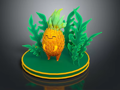 Cute Cartoon Pineapple Character With Green Leaves Standing On Yellow Rimmed Green Base 3d model